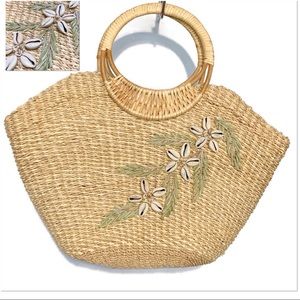 Straw Bucket Handbag w Shell Tropical Accents